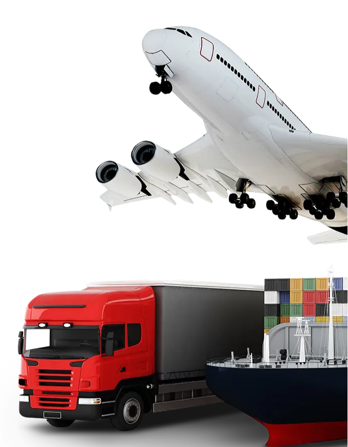 Airplane, truck, and ship